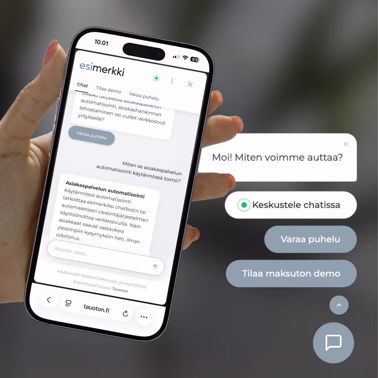 Tauoton Digitalin tekoälyratkaisu esillä puhelimen näytöillä.