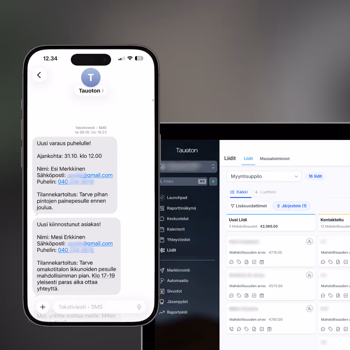 Tauoton Digitalin asiakashallintajärjestelmä sekä tekoälyratkaisu esillä puhelimen ja tietokoneen näytöillä.