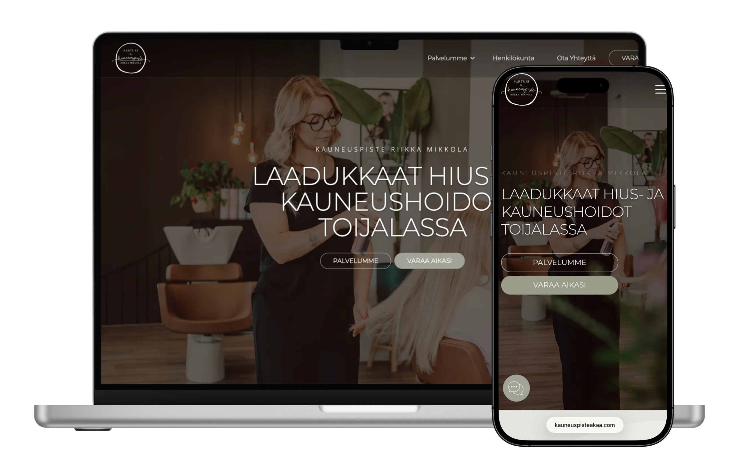 Kauneuspiste Akaa verkkosivut kauneushoitolalle, näkymä tietokoneella ja mobiilissa