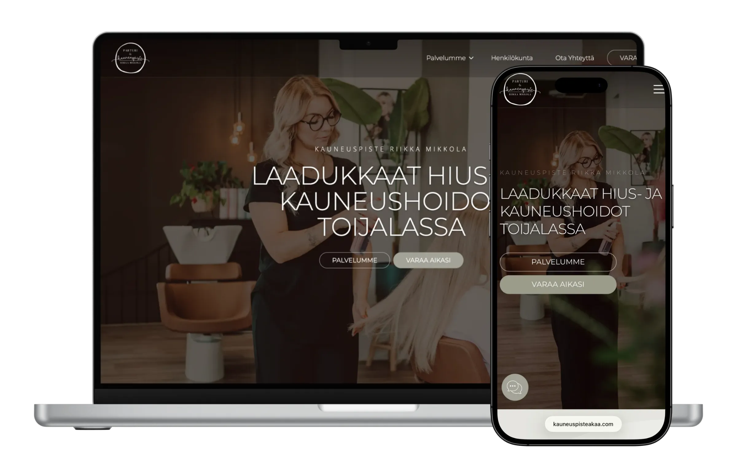 Kauneuspiste Akaa nettisivut kauneushoitolalle, näkymä tietokoneella ja mobiilissa