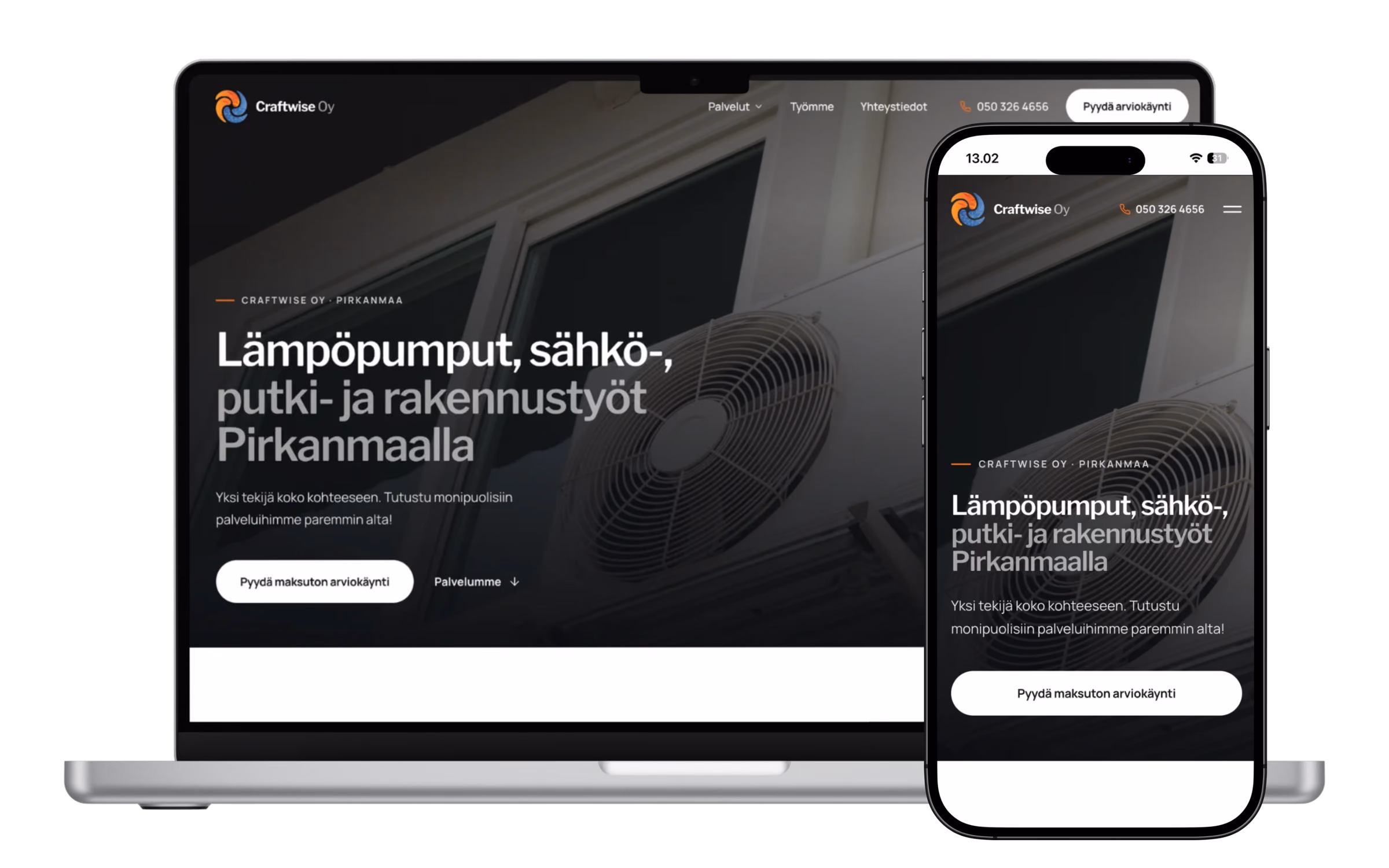 Craftwise Oy nettisivut talotekniikkayritykselle, näkymä tietokoneella ja mobiilissa