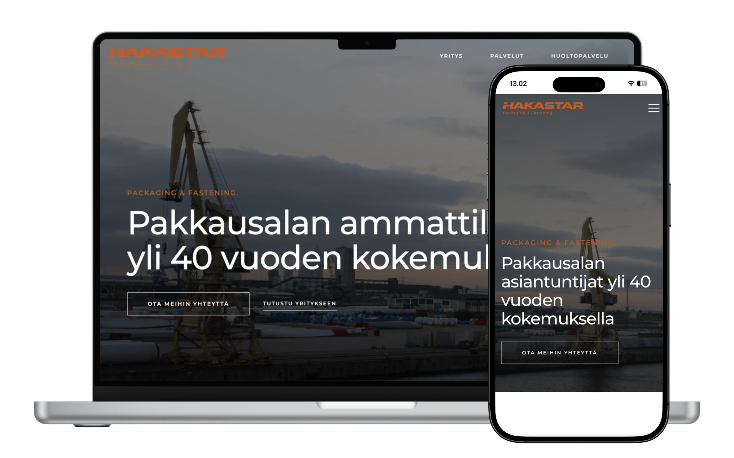 Hakastar verkkosivut pakkausalan yritykselle, näkymä tietokoneella ja mobiilissa