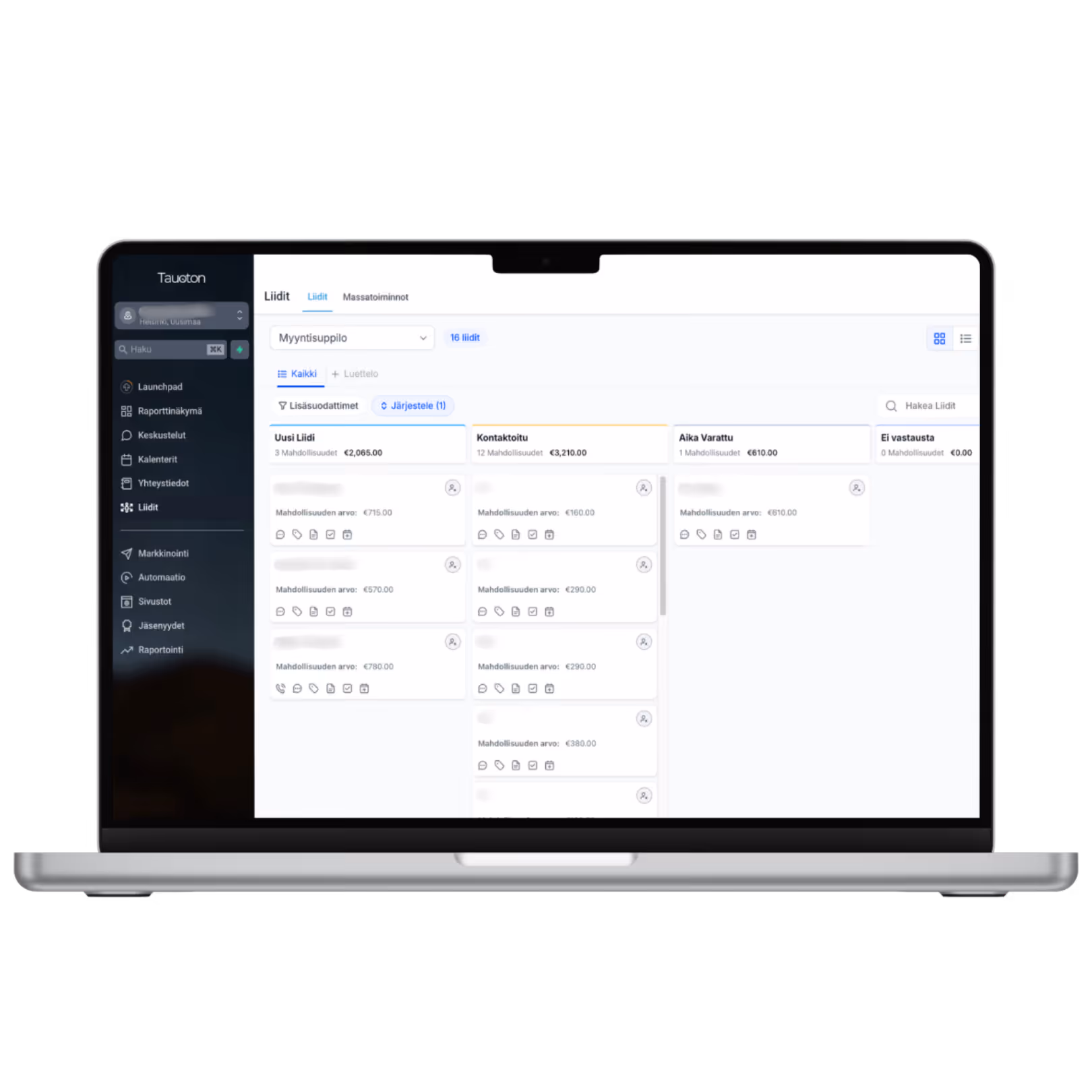 Tauoton CRM-alusta tietokoneen näytöllä