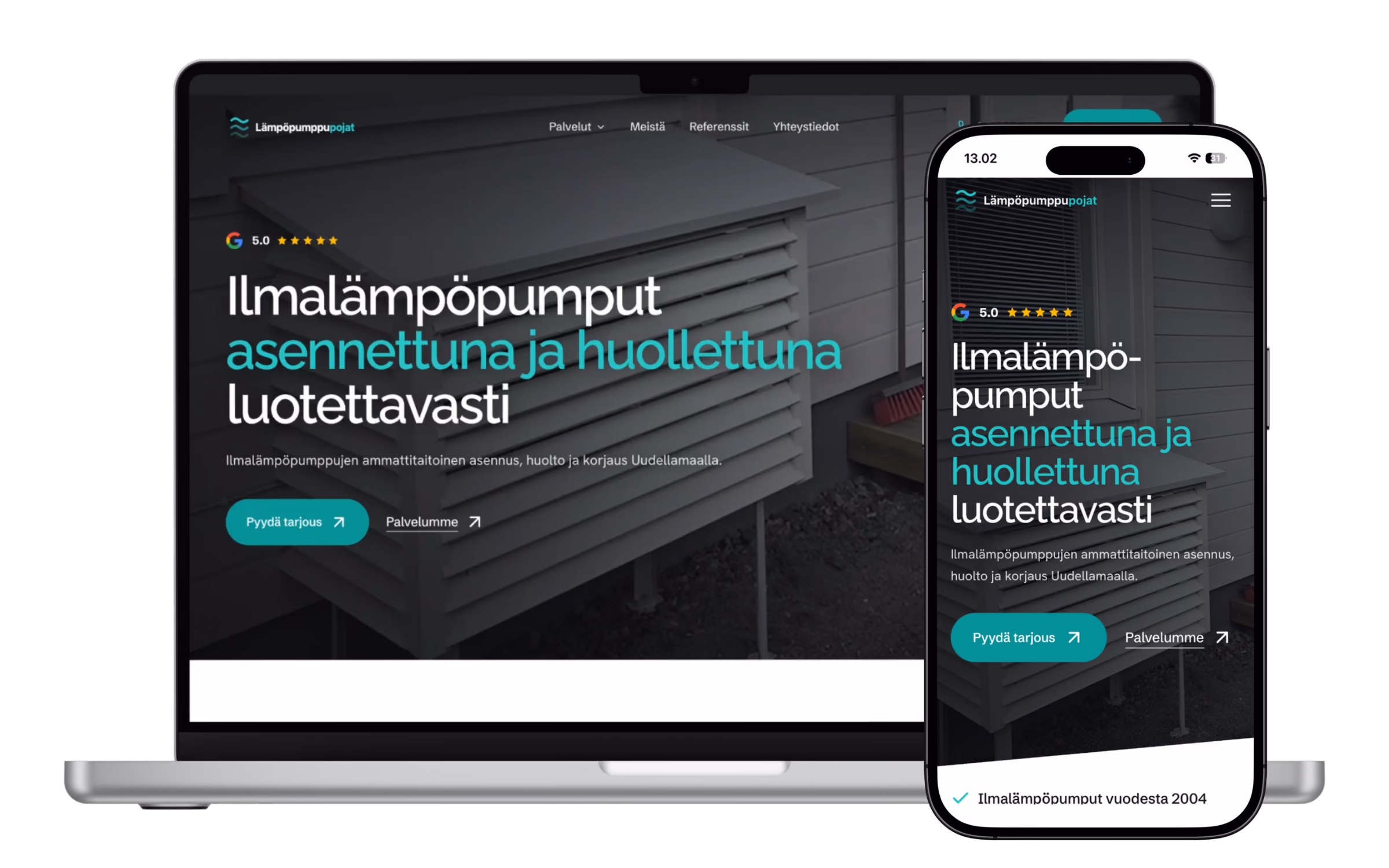 Lämpöpumppupojat nettisivut lämpöpumppuyritykselle, näkymä tietokoneella ja mobiilissa