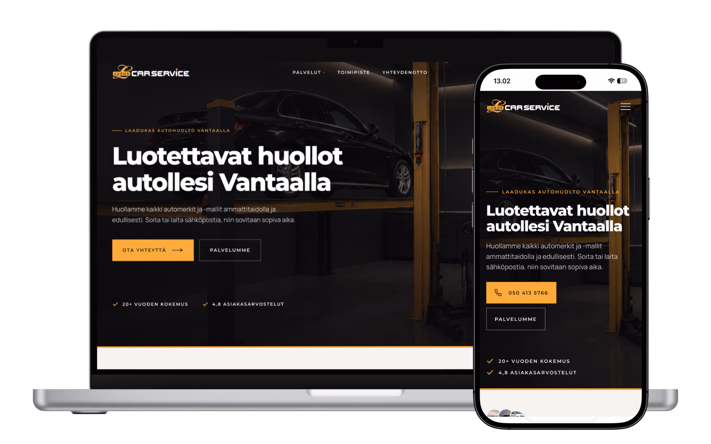 Luxus Car Service nettisivut autokorjaamolle, näkymä tietokoneella ja mobiilissa