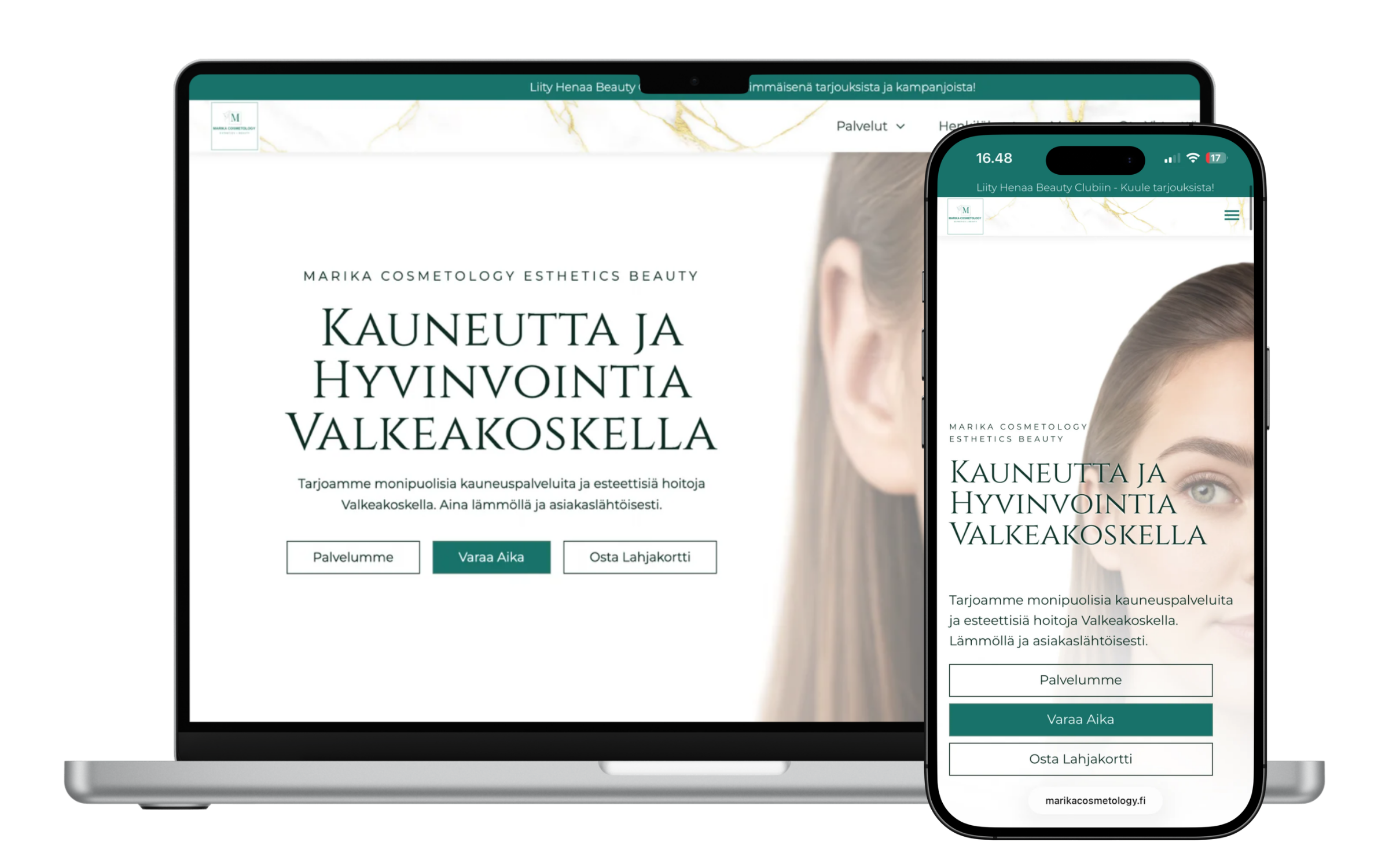 Marika Cosmetology verkkosivut kauneushoitolalle, näkymä tietokoneella ja mobiilissa