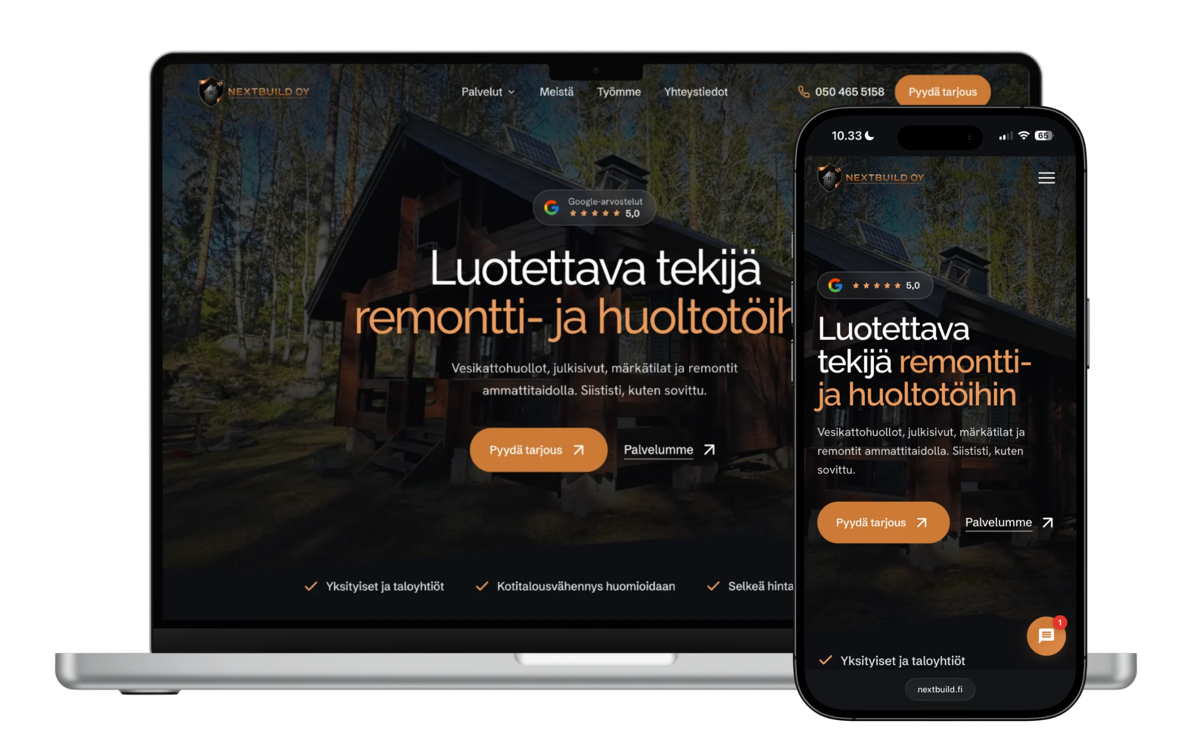 NextBuild verkkosivut remonttifirmalle, näkymä tietokoneella ja mobiilissa