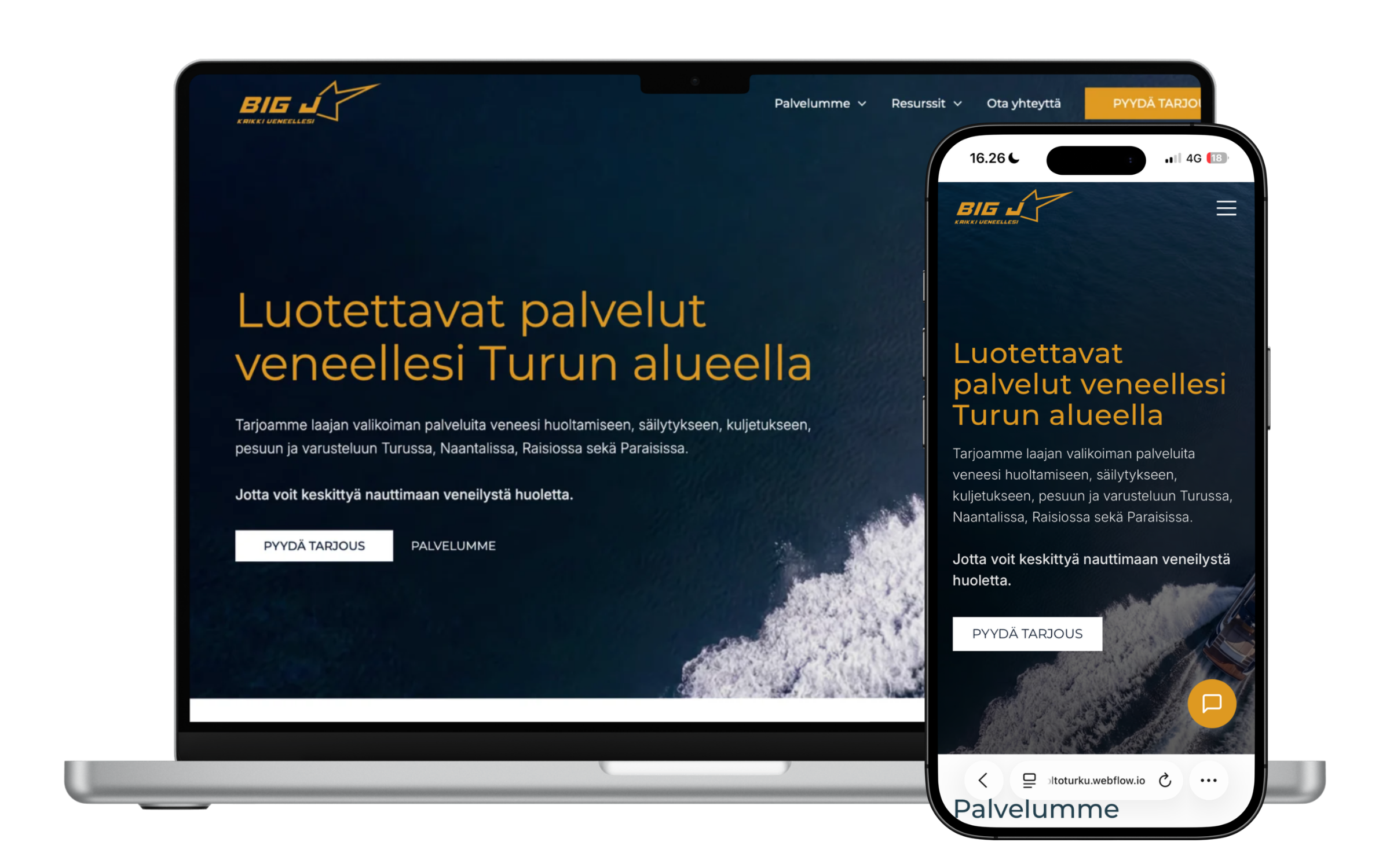 Venehuolto Turku verkkosivut venehuoltoyritykselle, näkymä tietokoneella ja mobiilissa