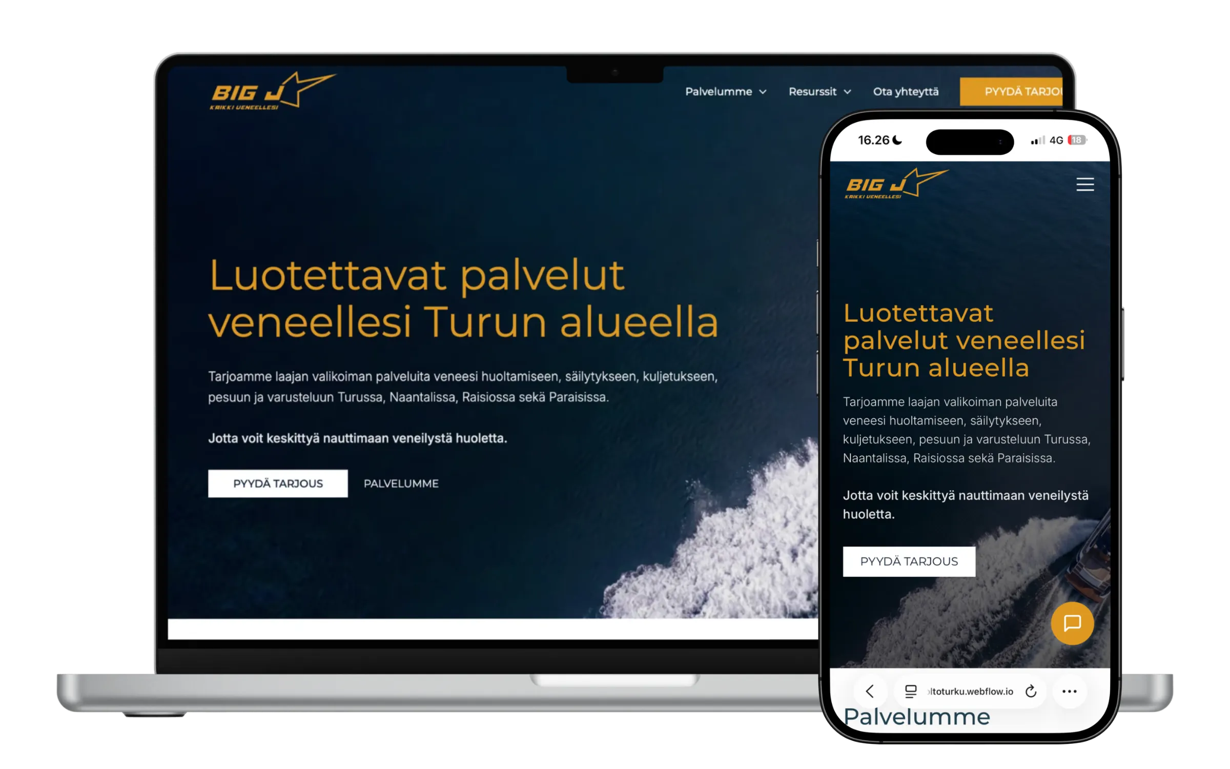 Venehuolto nettisivut venehuoltoyritykselle, näkymä tietokoneella ja mobiilissa